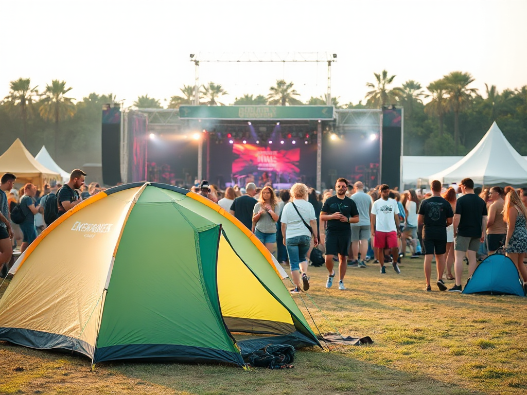 A tent camp in the background crowded music festival scene