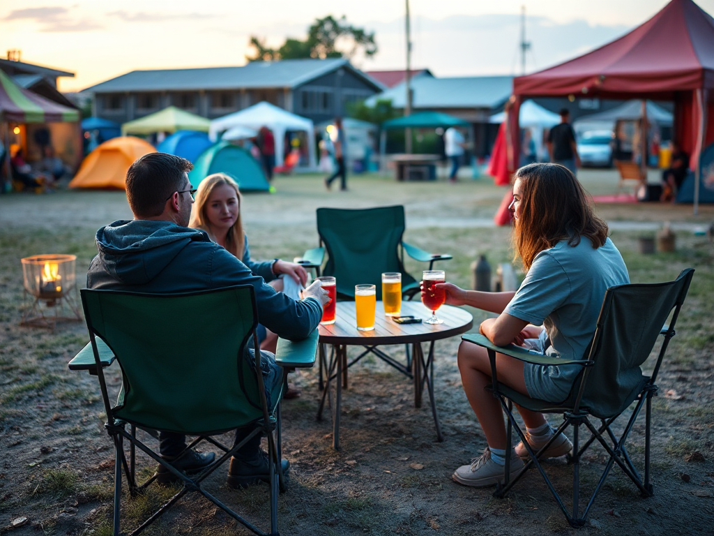 a group of friends sitting in a circle at a festival cmap site on their camping chairs around a portable table with drinks on it and have one of the chairs in the focus